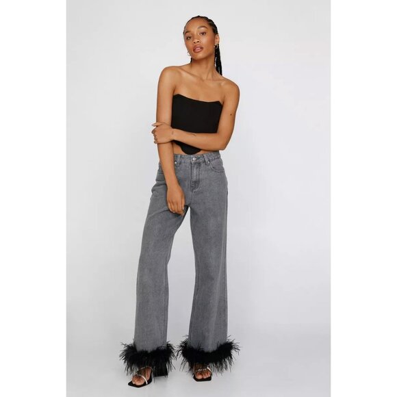 NWT Nasty Gal Washed Black / Gray Feather Hem Straight Leg Jeans sz 8 - Picture 9 of 12